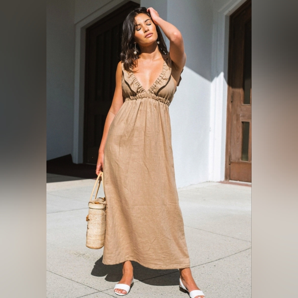 Harly Jae Milos Linen Ruffle Dress Tan Taupe